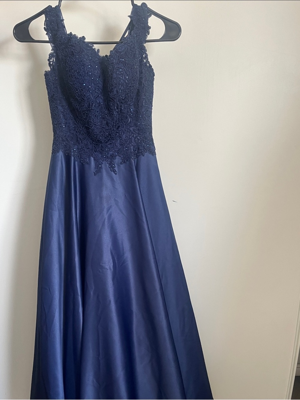 Dancing Queen Navy Blue Lace Bodice A-Line Evening Gown